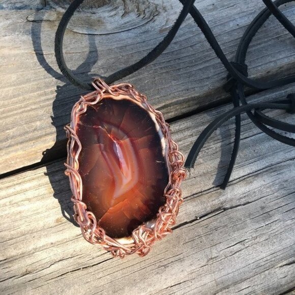 Pendant Agate Sard Copper Tribal Leather Carnelian Unisex Rustic Burning Man - Picture 6 of 10